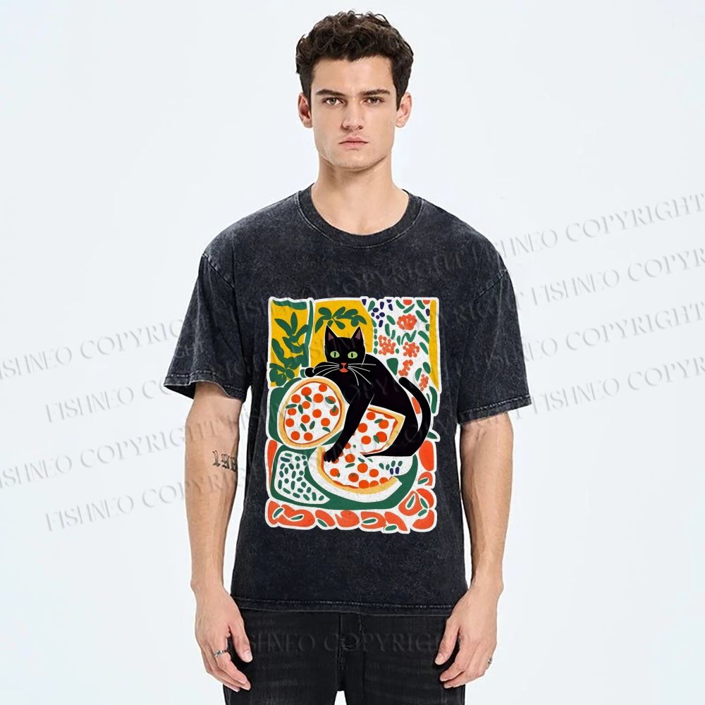 Unisex Black Cat At A Picnic Printed Washed Tee