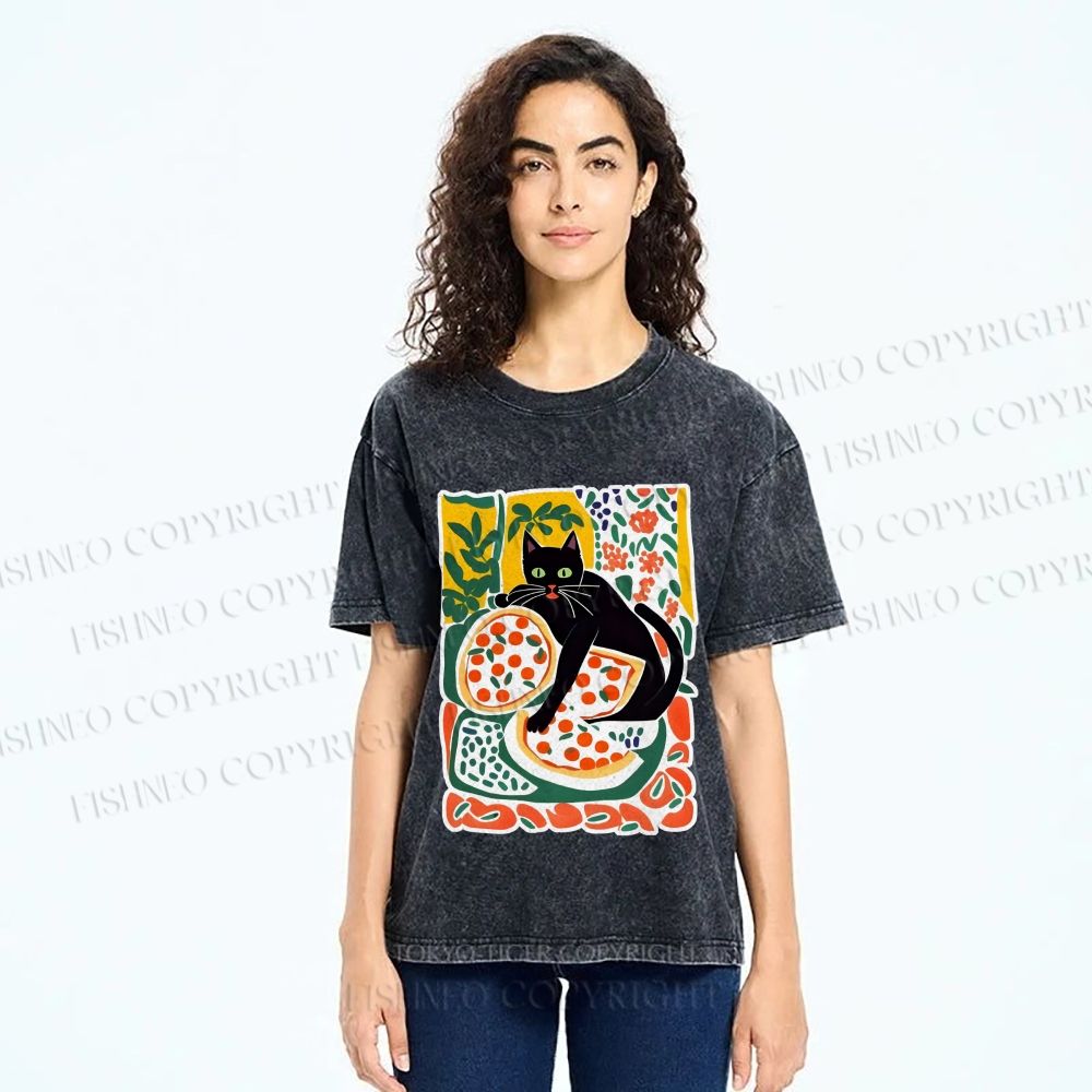 Unisex Black Cat At A Picnic Printed Washed Tee