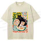 Unisex Black Cat At A Picnic Printed Washed Tee