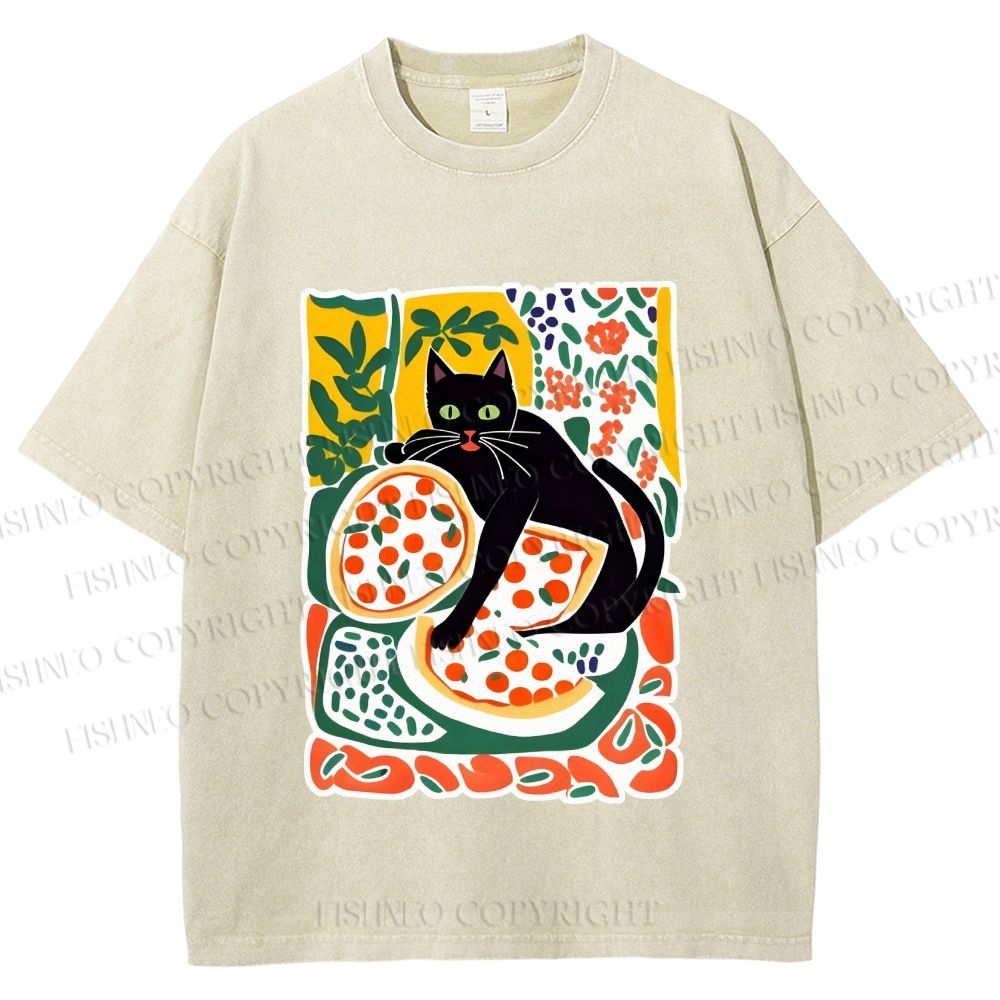 Unisex Black Cat At A Picnic Printed Washed Tee