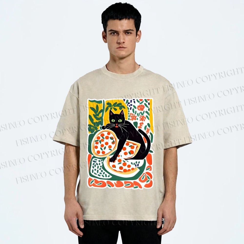 Unisex Black Cat At A Picnic Printed Washed Tee