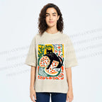 Unisex Black Cat At A Picnic Printed Washed Tee