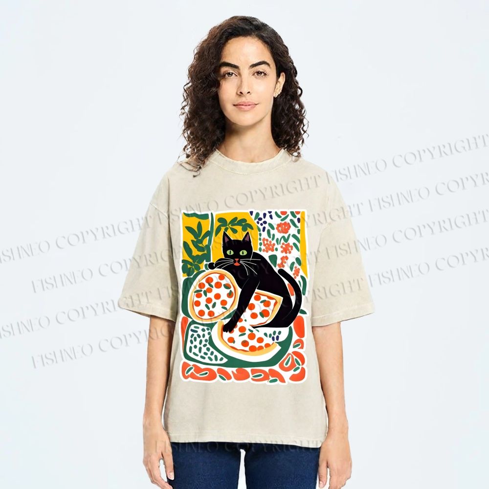 Unisex Black Cat At A Picnic Printed Washed Tee