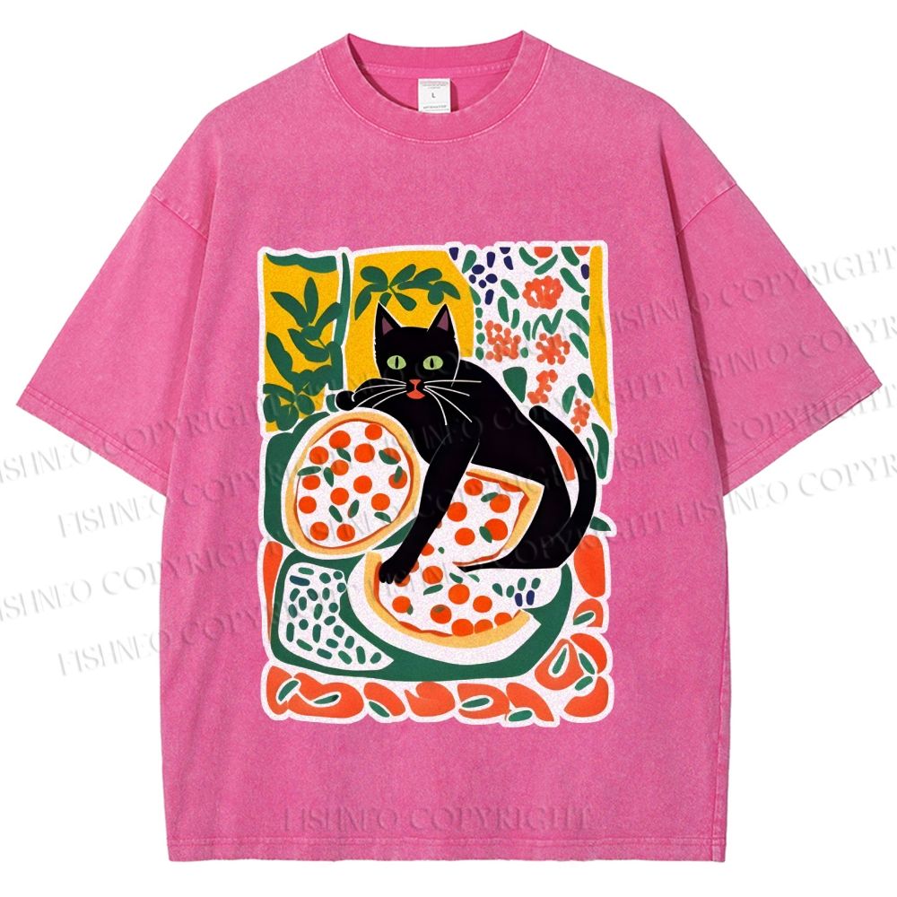 Unisex Black Cat At A Picnic Printed Washed Tee