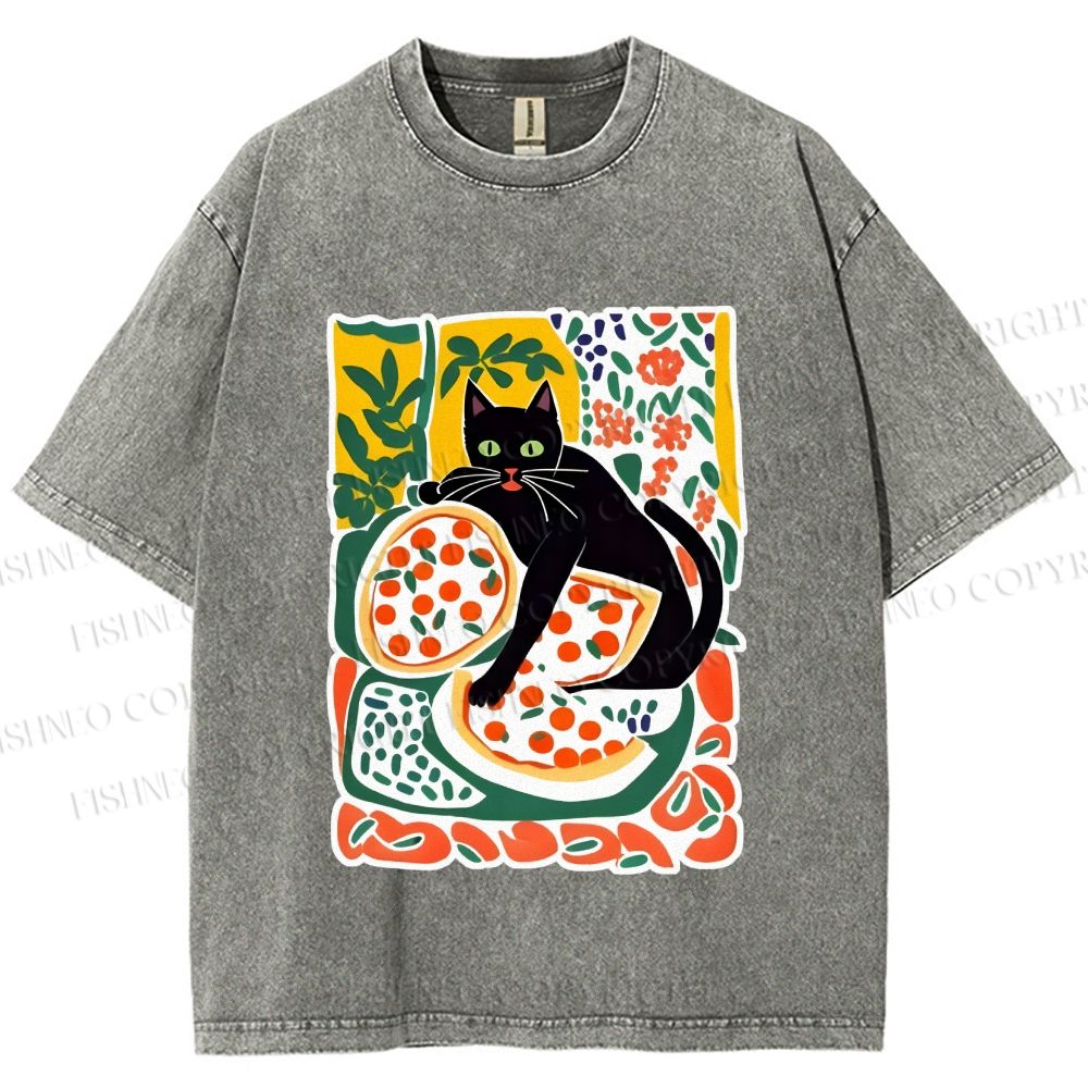 Unisex Black Cat At A Picnic Printed Washed Tee