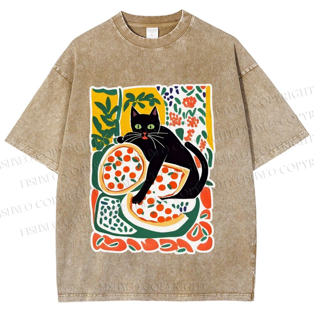 Unisex Black Cat At A Picnic Printed Washed Tee