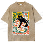 Unisex Black Cat At A Picnic Printed Washed Tee