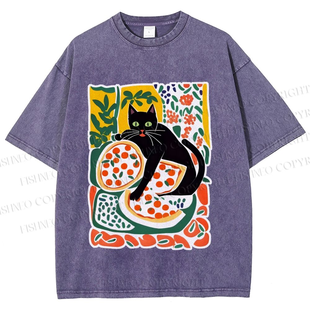 Unisex Black Cat At A Picnic Printed Washed Tee