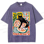 Unisex Black Cat At A Picnic Printed Washed Tee