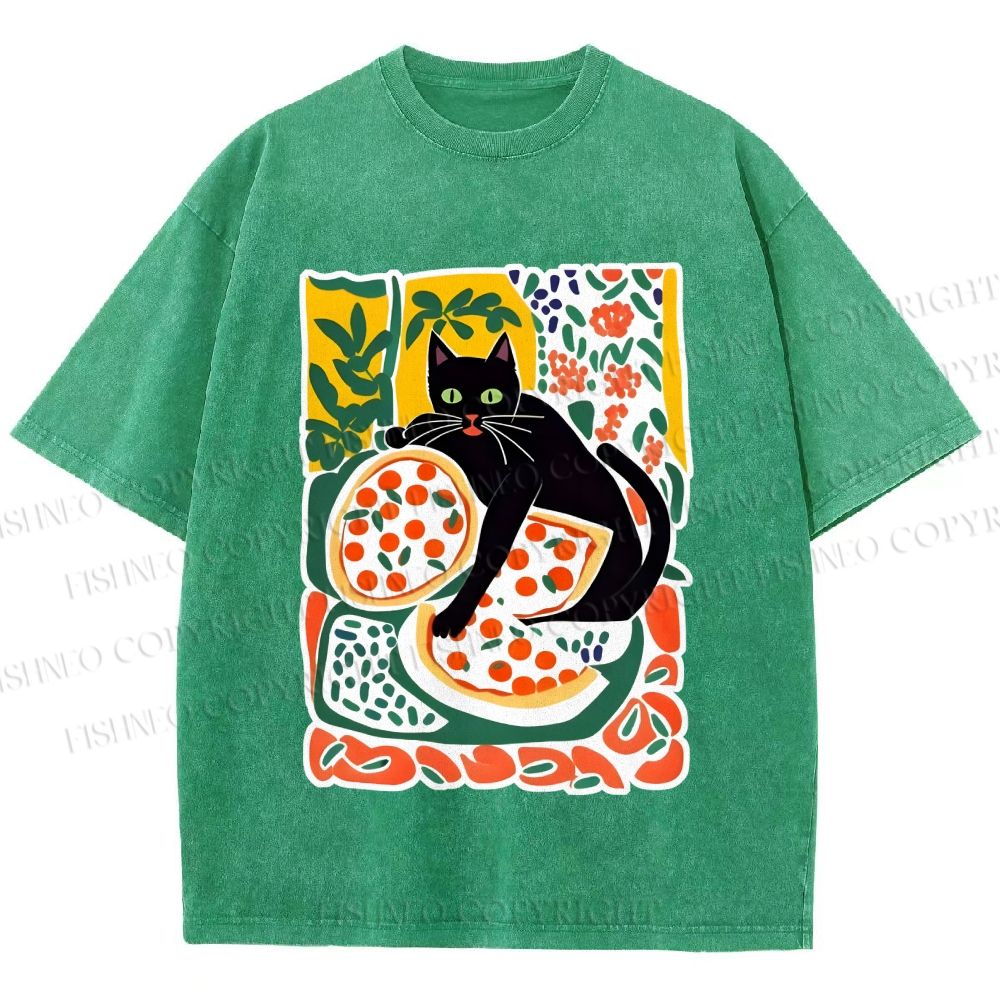 Unisex Black Cat At A Picnic Printed Washed Tee