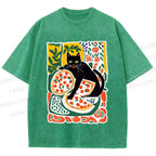 Unisex Black Cat At A Picnic Printed Washed Tee