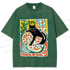 Unisex Black Cat At A Picnic Printed Washed Tee
