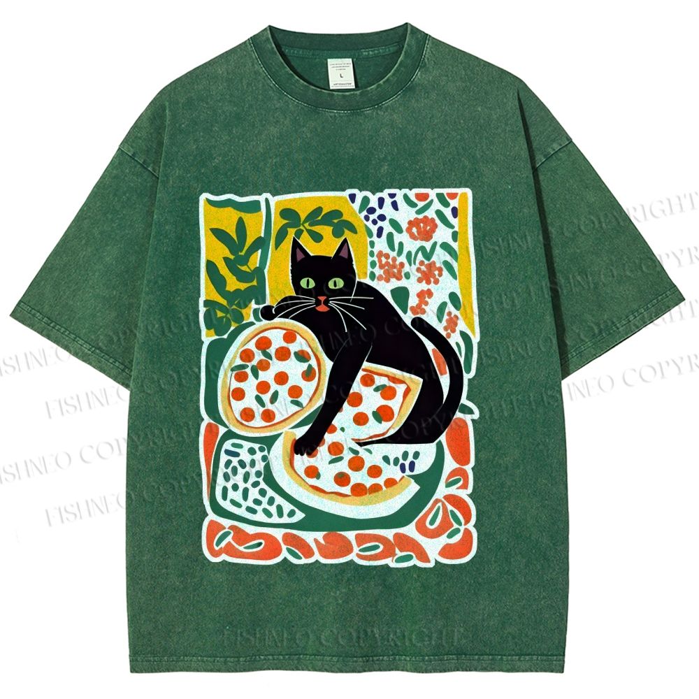 Unisex Black Cat At A Picnic Printed Washed Tee