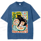 Unisex Black Cat At A Picnic Printed Washed Tee