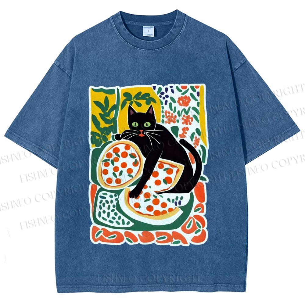 Unisex Black Cat At A Picnic Printed Washed Tee