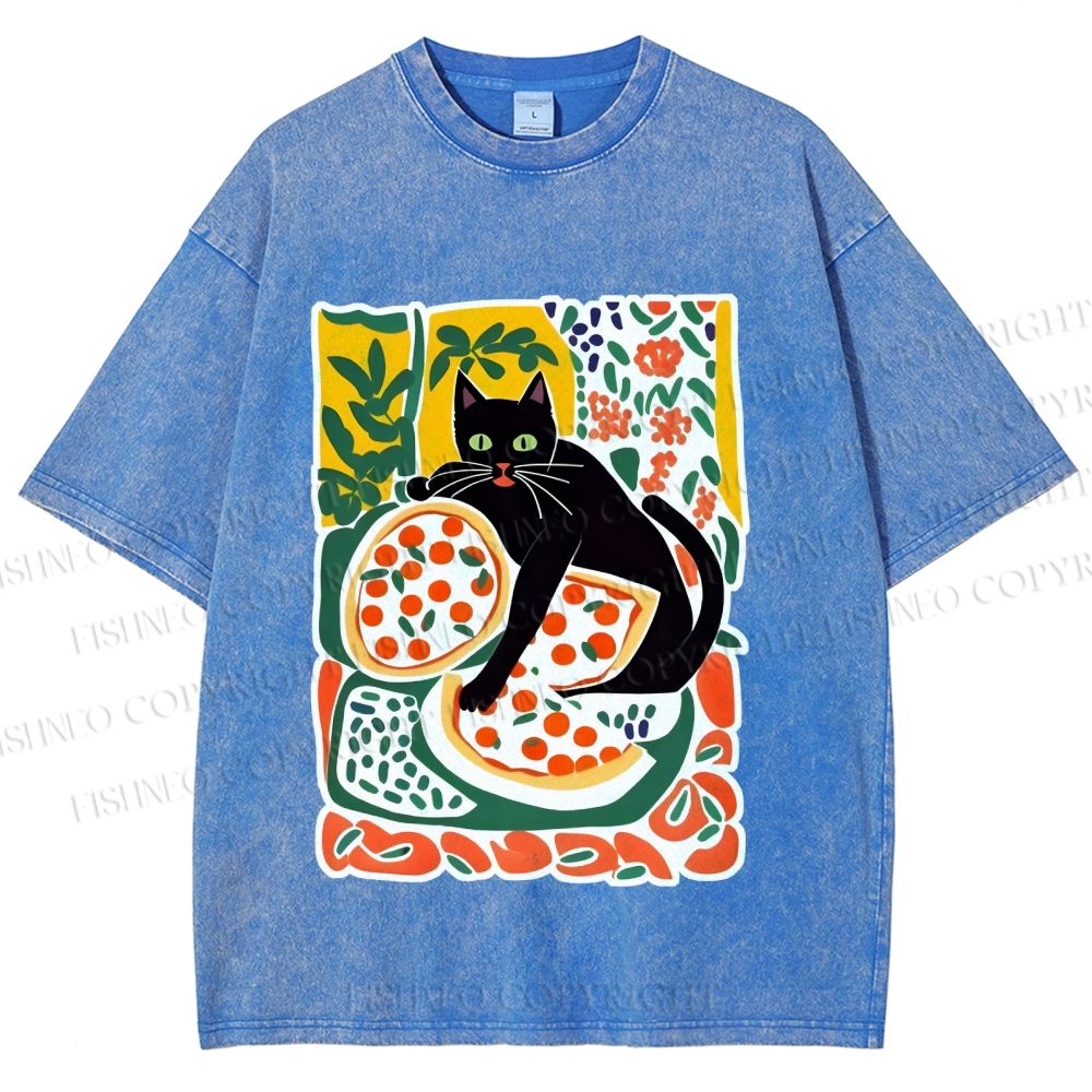 Unisex Black Cat At A Picnic Printed Washed Tee