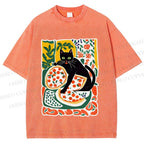 Unisex Black Cat At A Picnic Printed Washed Tee