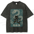 Unisex Black Samurai Cat Vintage Dragon Printed Washed Tee