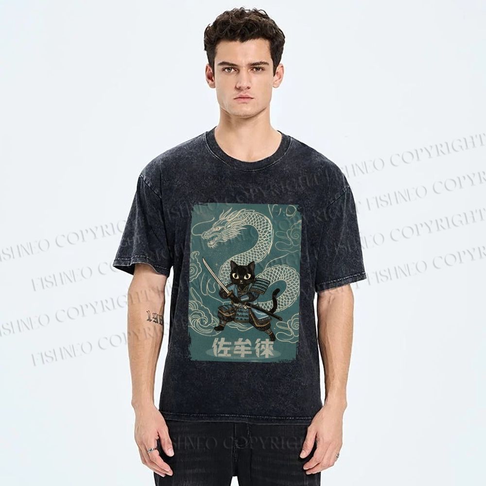 Unisex Black Samurai Cat Vintage Dragon Printed Washed Tee