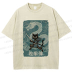 Unisex Black Samurai Cat Vintage Dragon Printed Washed Tee