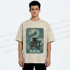 Unisex Black Samurai Cat Vintage Dragon Printed Washed Tee