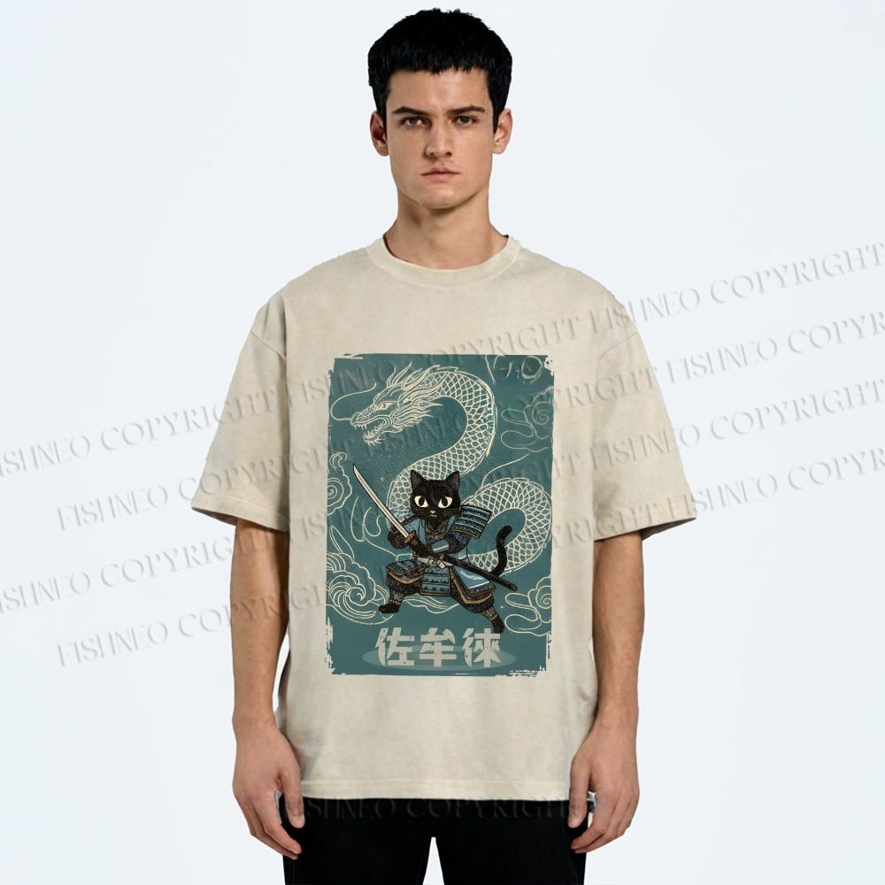 Unisex Black Samurai Cat Vintage Dragon Printed Washed Tee