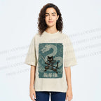 Unisex Black Samurai Cat Vintage Dragon Printed Washed Tee