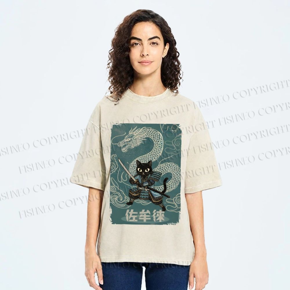 Unisex Black Samurai Cat Vintage Dragon Printed Washed Tee