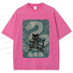 Unisex Black Samurai Cat Vintage Dragon Printed Washed Tee