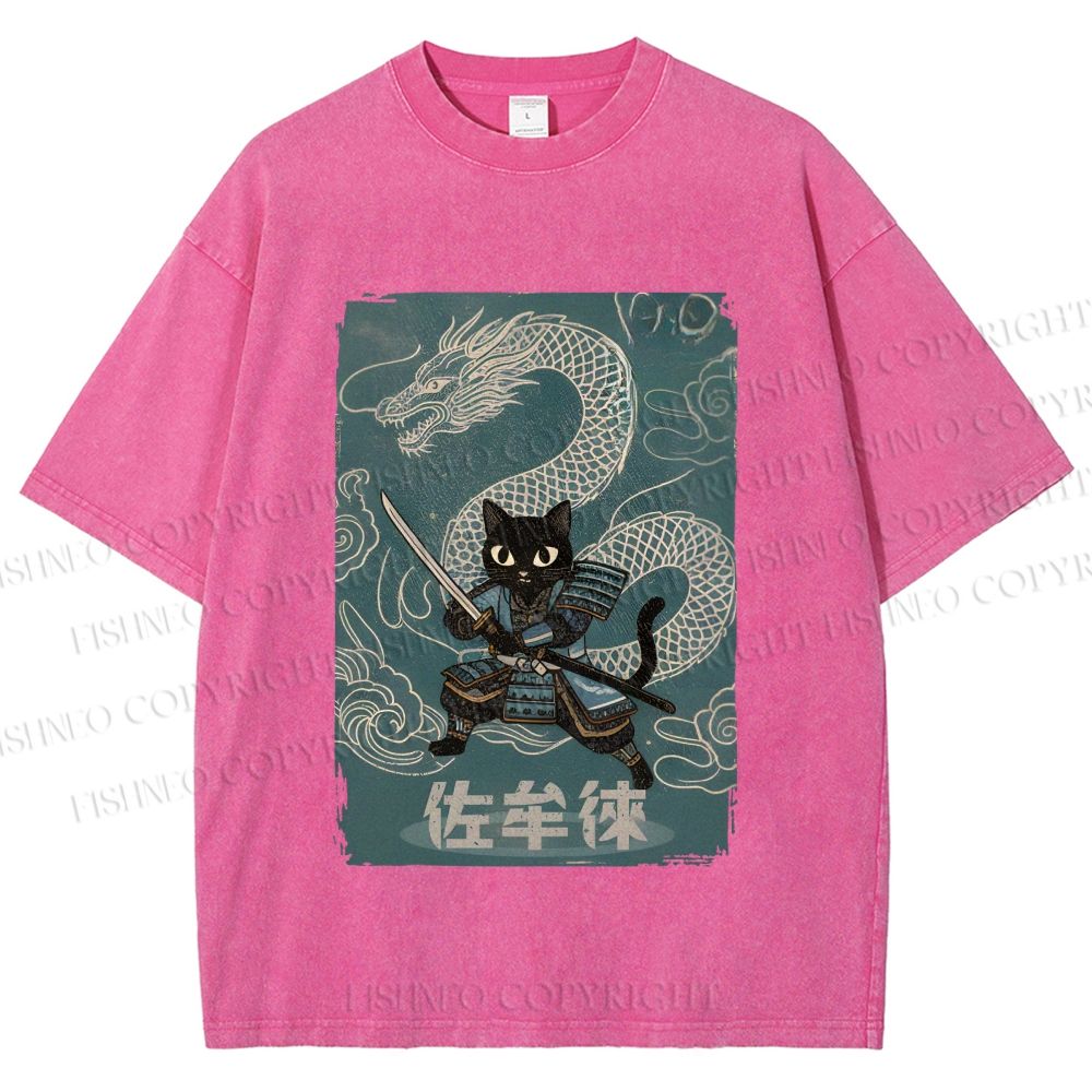 Unisex Black Samurai Cat Vintage Dragon Printed Washed Tee