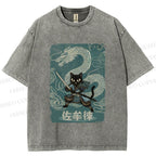 Unisex Black Samurai Cat Vintage Dragon Printed Washed Tee