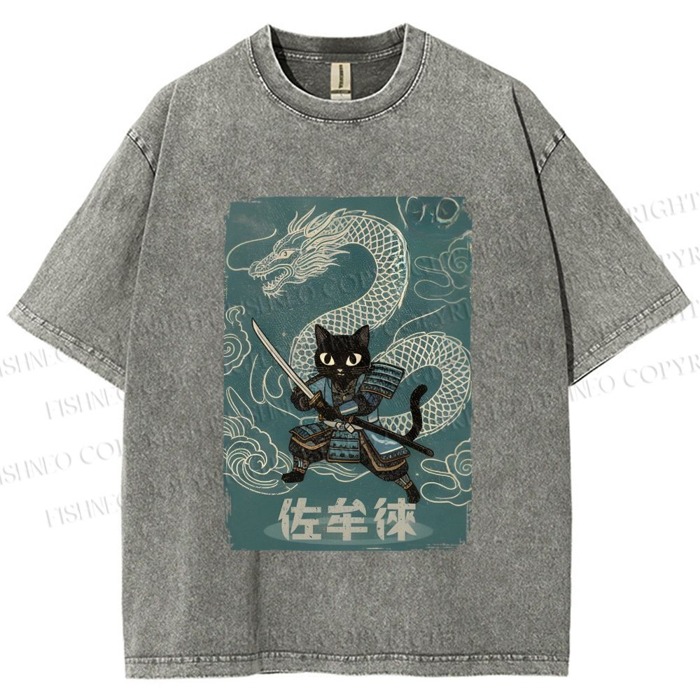 Unisex Black Samurai Cat Vintage Dragon Printed Washed Tee