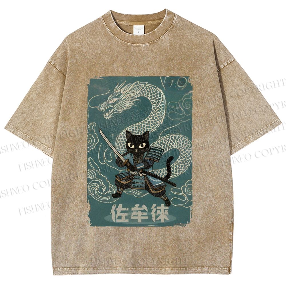 Unisex Black Samurai Cat Vintage Dragon Printed Washed Tee