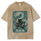 Unisex Black Samurai Cat Vintage Dragon Printed Washed Tee