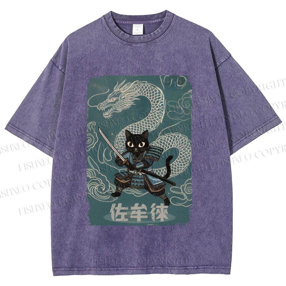 Unisex Black Samurai Cat Vintage Dragon Printed Washed Tee