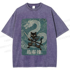 Unisex Black Samurai Cat Vintage Dragon Printed Washed Tee