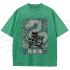 Unisex Black Samurai Cat Vintage Dragon Printed Washed Tee