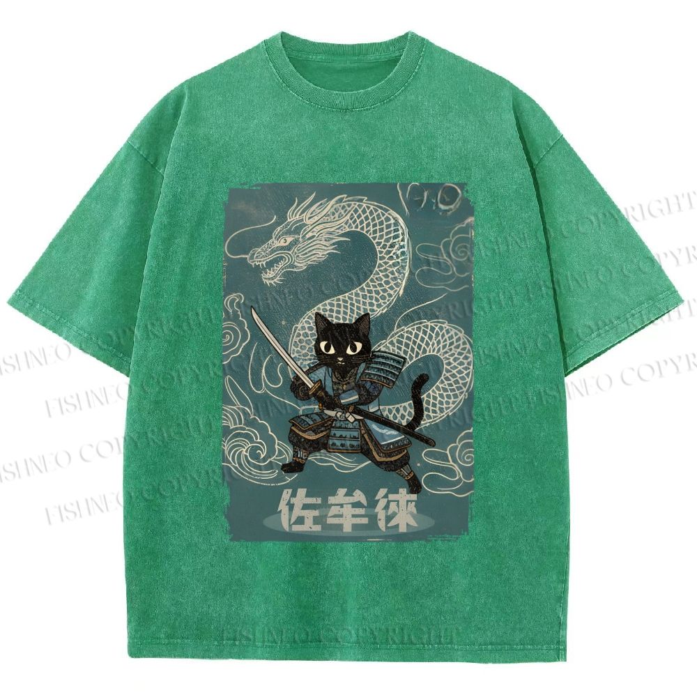 Unisex Black Samurai Cat Vintage Dragon Printed Washed Tee