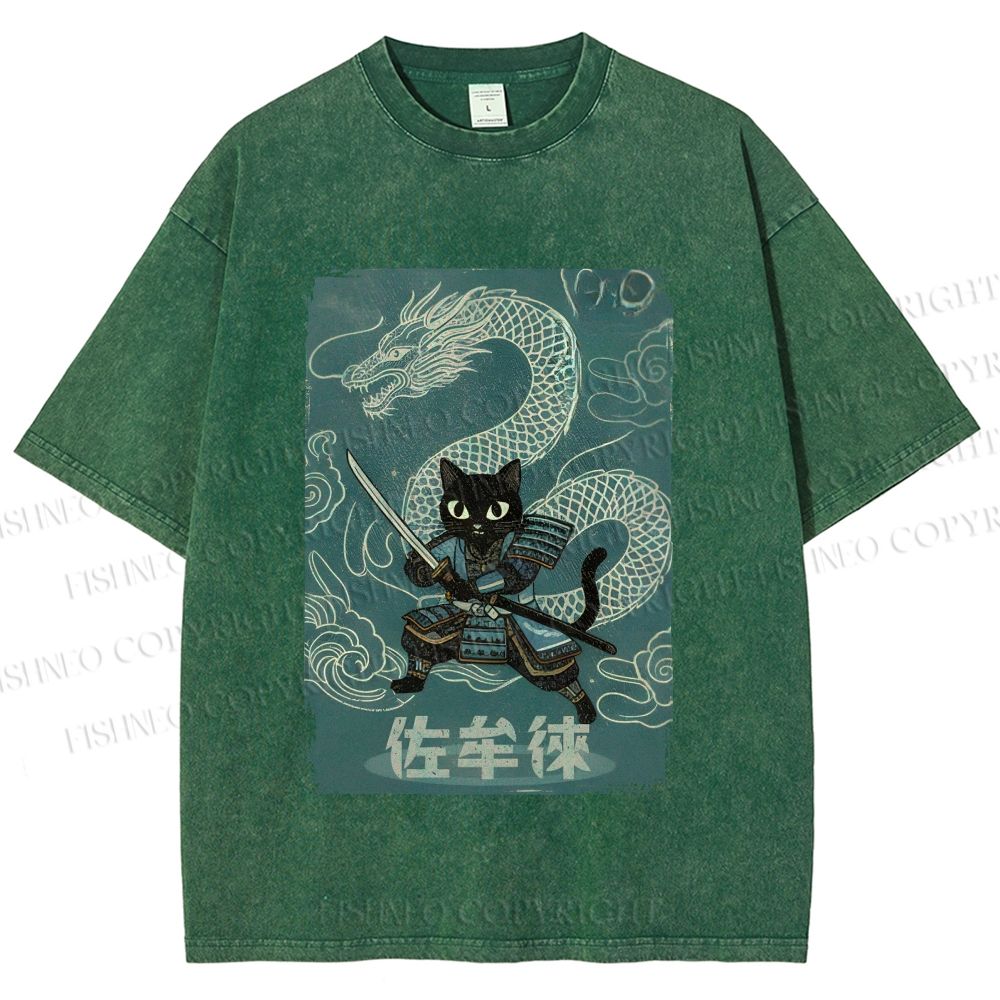 Unisex Black Samurai Cat Vintage Dragon Printed Washed Tee