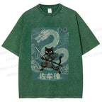 Unisex Black Samurai Cat Vintage Dragon Printed Washed Tee