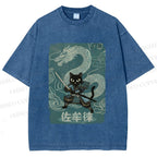 Unisex Black Samurai Cat Vintage Dragon Printed Washed Tee