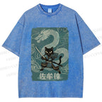 Unisex Black Samurai Cat Vintage Dragon Printed Washed Tee