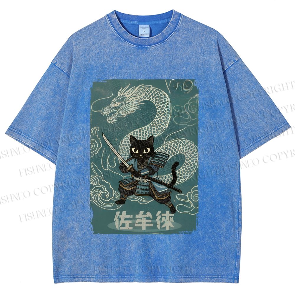Unisex Black Samurai Cat Vintage Dragon Printed Washed Tee