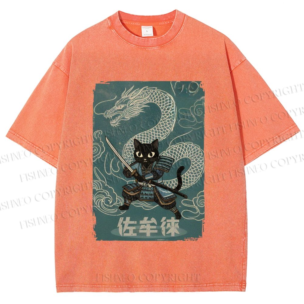 Unisex Black Samurai Cat Vintage Dragon Printed Washed Tee