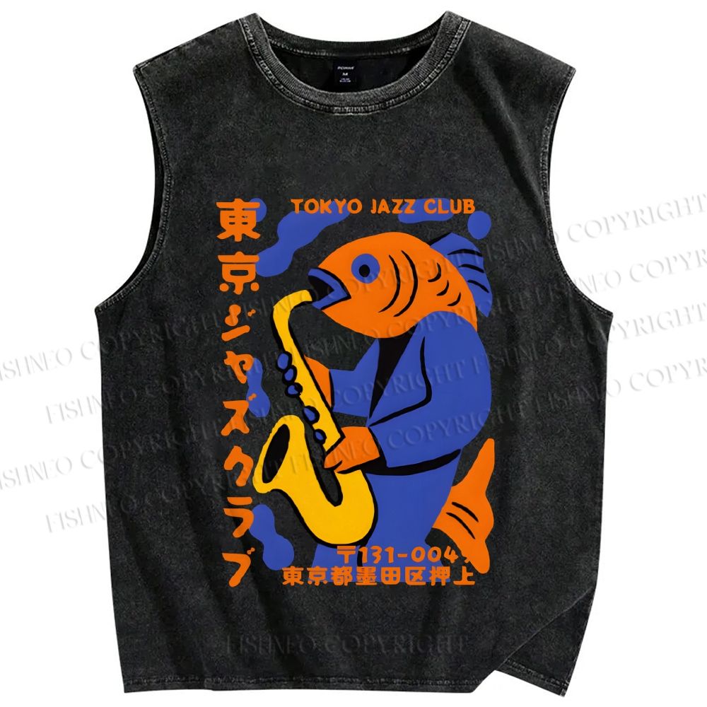 Unisex Fish in Band Playing Saxophone Printed Washed Tank Top