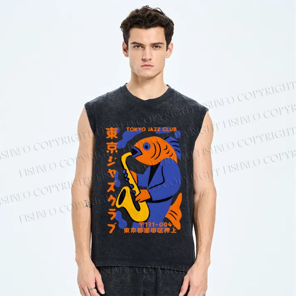 Unisex Fish in Band Playing Saxophone Printed Washed Tank Top