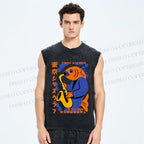 Unisex Fish in Band Playing Saxophone Printed Washed Tank Top