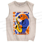 Unisex Fish in Band Playing Saxophone Printed Washed Tank Top