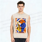 Unisex Fish in Band Playing Saxophone Printed Washed Tank Top
