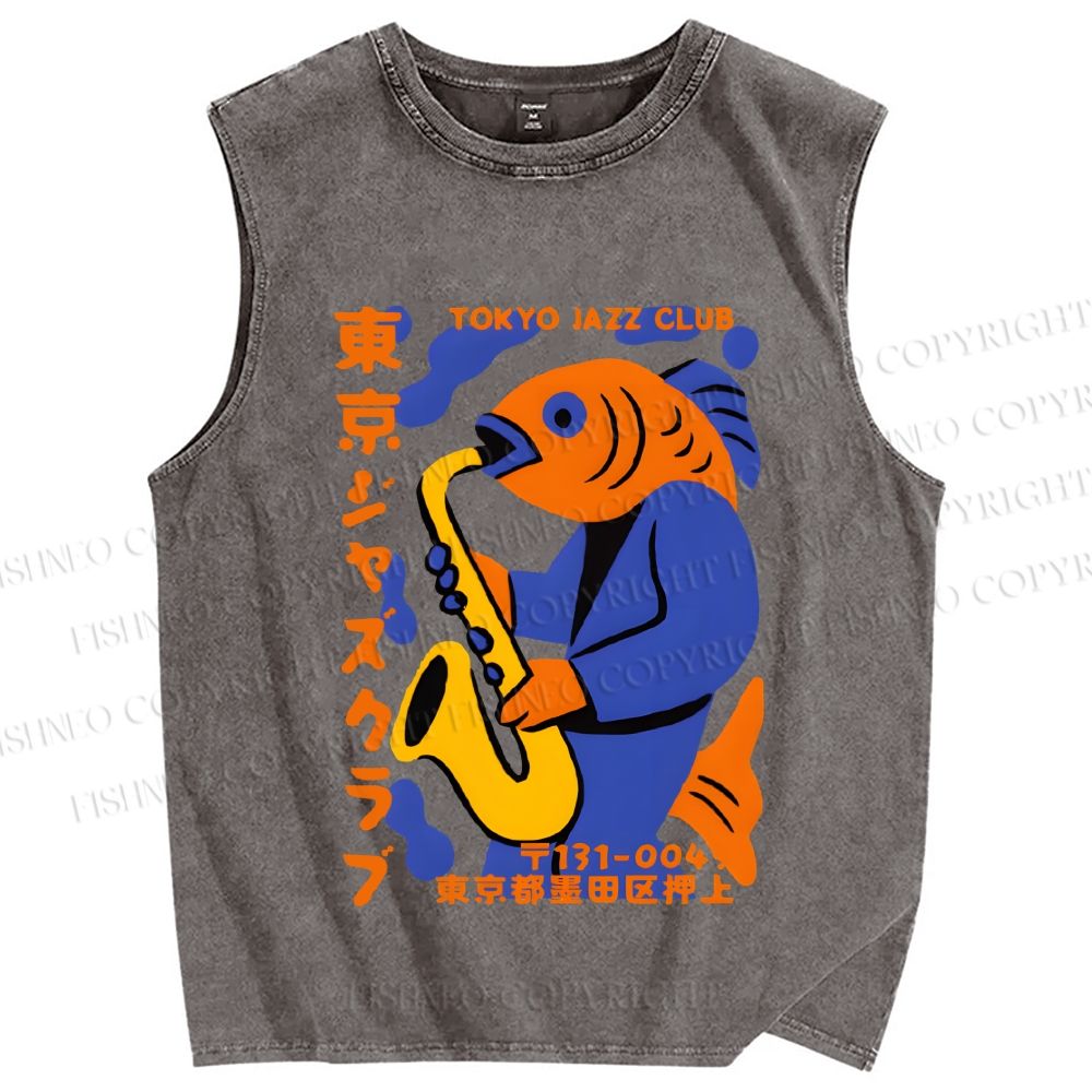 Unisex Fish in Band Playing Saxophone Printed Washed Tank Top